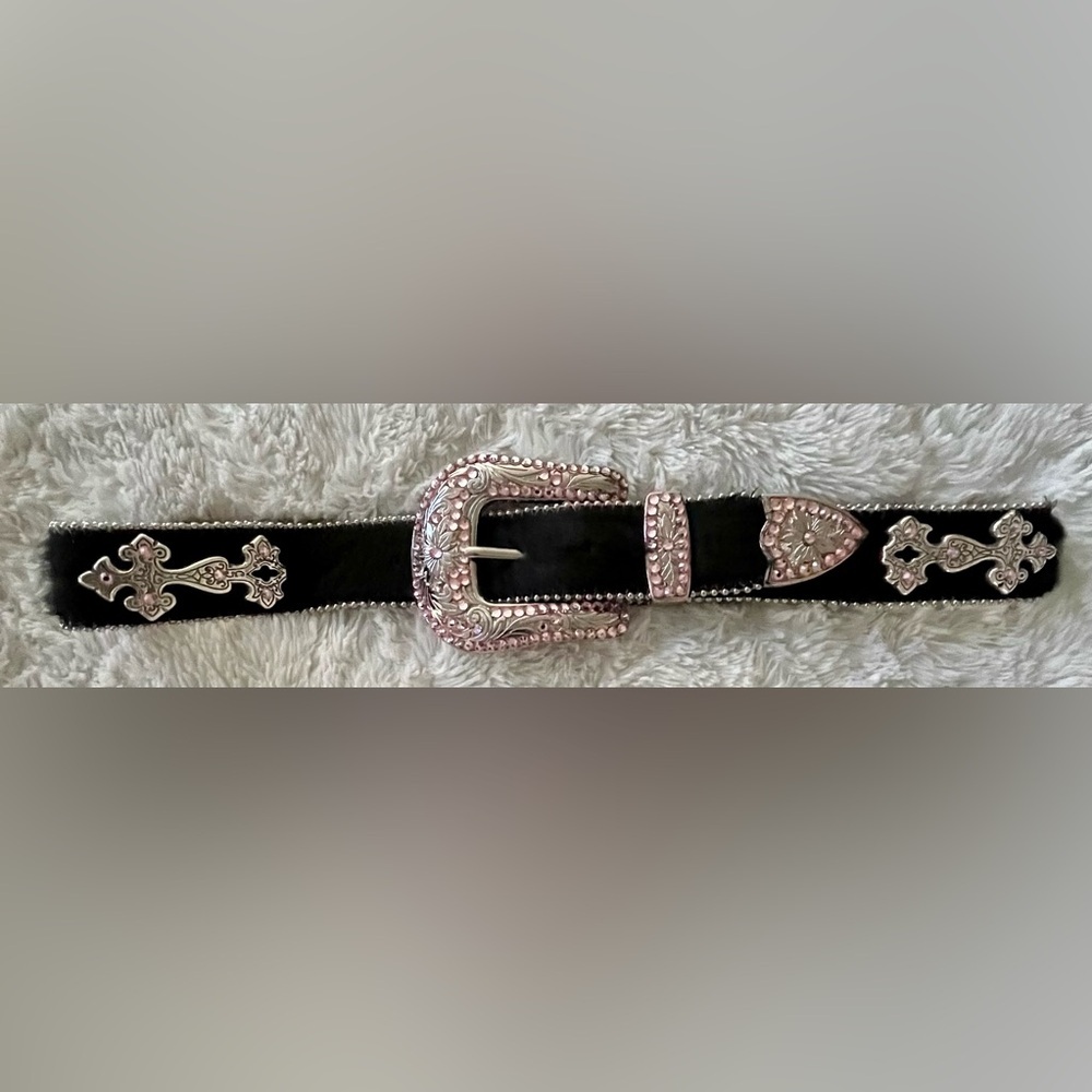 B.B. Simon Black Leather Calf Hair with Silver Accents & Swarovski Crystals Belt